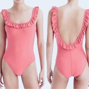 J.Crew - Ruffled Scoopback One-Piece Swimsuit - Neon Flamingo (Peach)